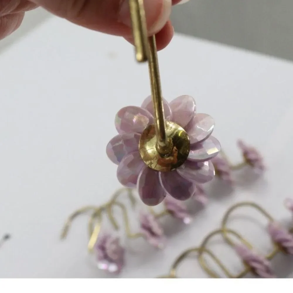 Vintage Purple Flower Shower Curtain Hooks Plastic and Gold Metal Hook Cottage